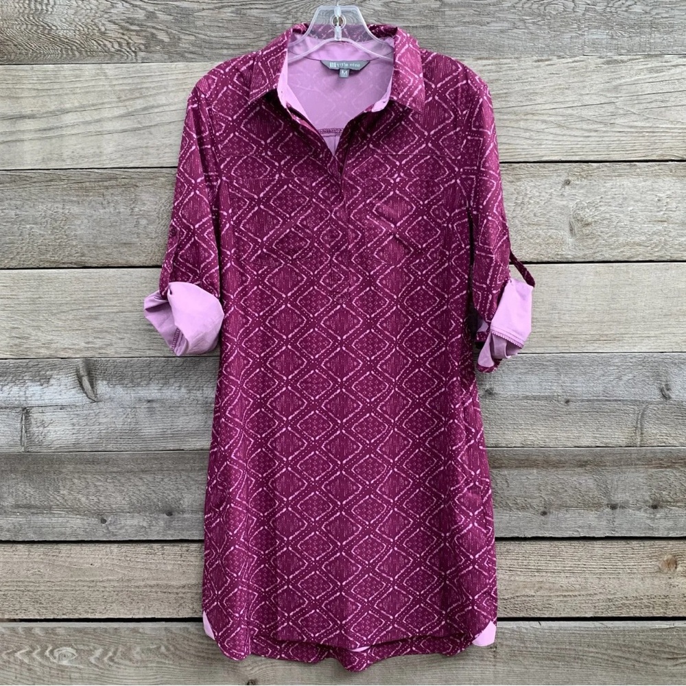 Title Nine Shirt Dress Stretch Woman’s Medium Magenta 3/4 Roll-tab Sleeve